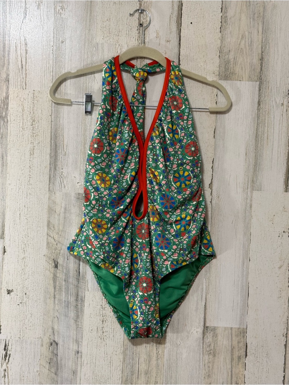 RHODE Green Floral-Trim Halter Textured One Piece Swimsuit